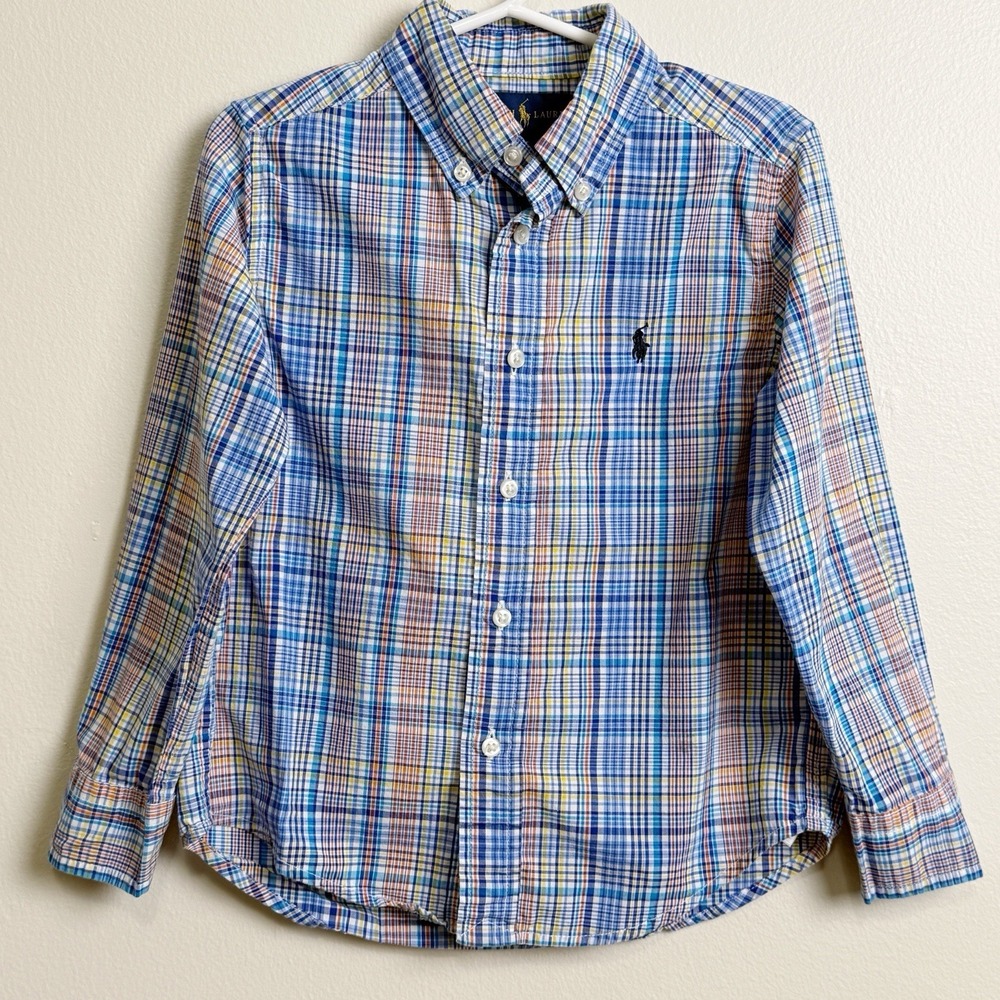 Ralph Lauren Boys Plaid Button Down Shirt 4T Blue Multicolor Pony Logo